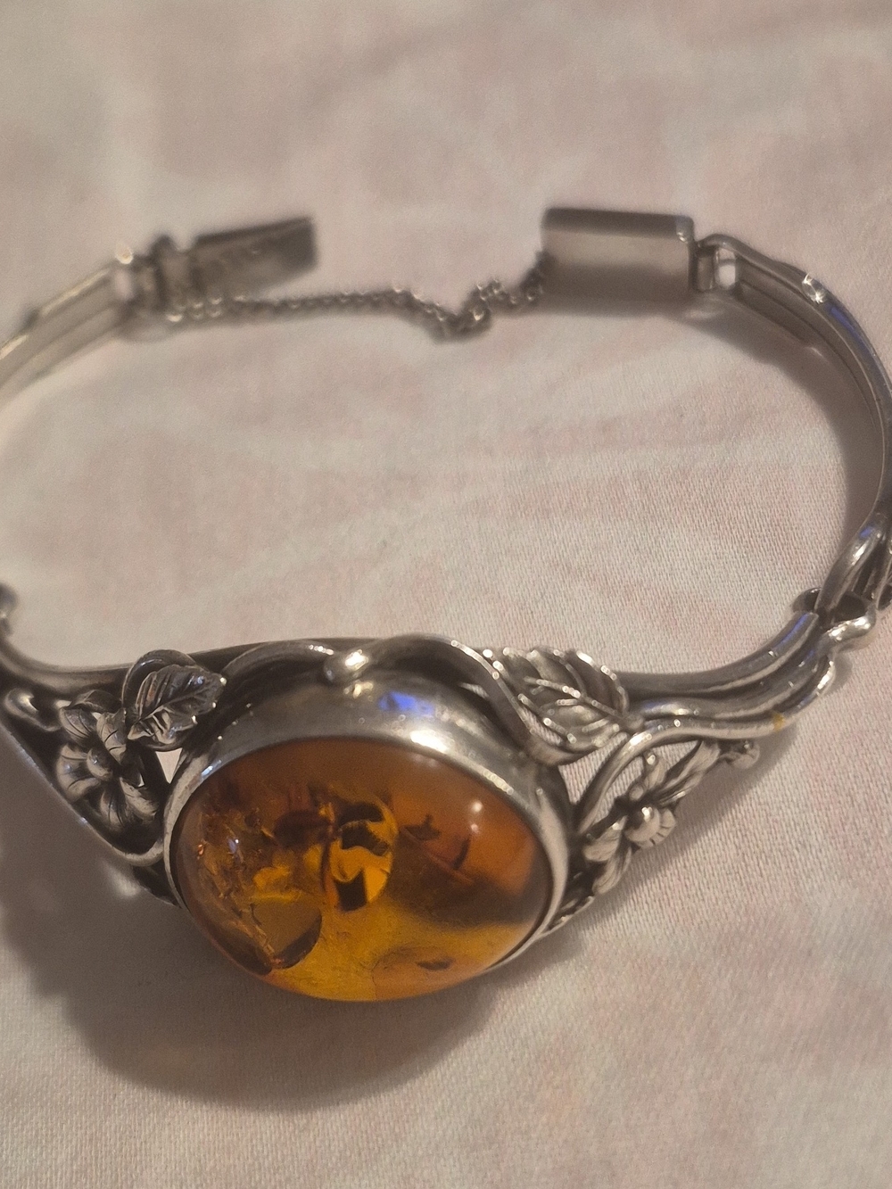 Sterling Floral Amber Cabochon Bracelet - Silver Tone